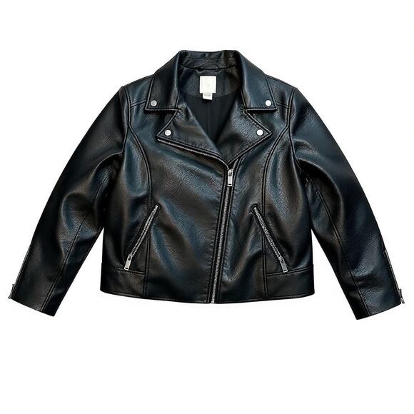 H&M Black Vegan Leather Moto Jacket Short Women's 14 Zippers Casual Faux Biker - Picture 1 of 8